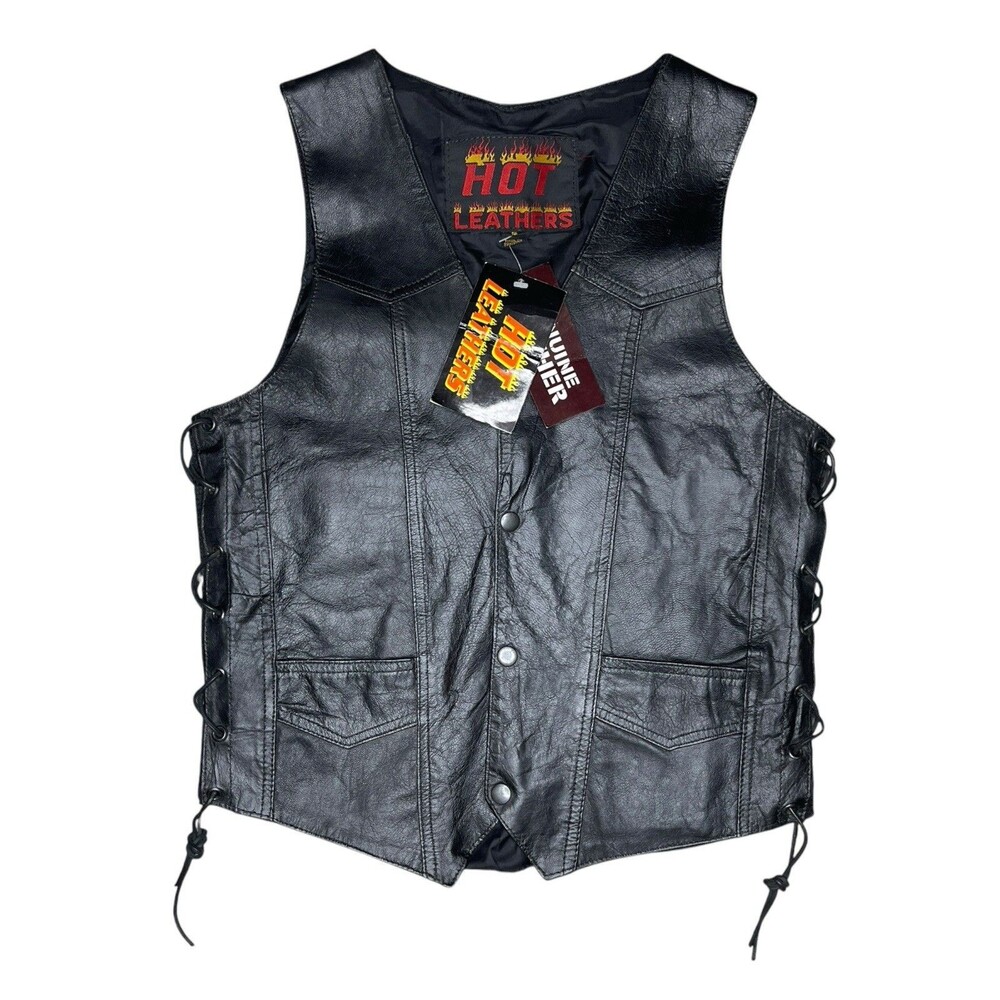 Vtg NWT Hot Leathers Genuine Leather Biker Vest Women SM Black Lace Sides
